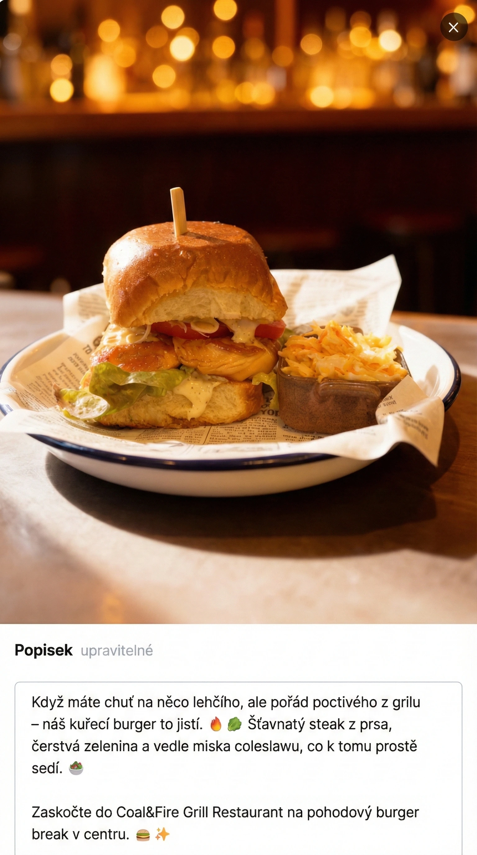 Příklad Instagram příspěvku pro restaurace - profesionální tvorba obsahu pro sociální sítě