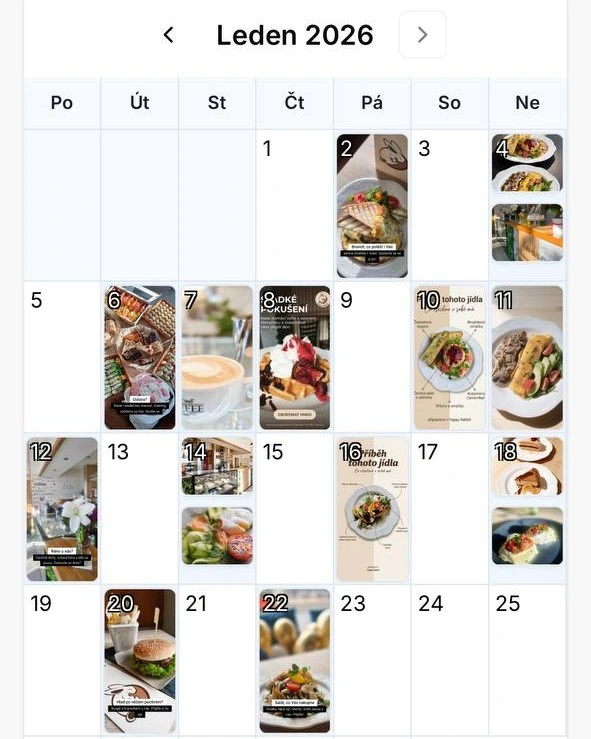 Kalendář příspěvků pro sociální sítě restaurací - plánování obsahu na celý měsíc